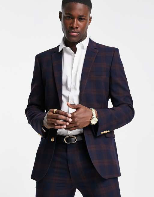 Chaqueta de traje burdeos de corte muy entallado con diseño de cuadros medianos y botones dorados de ASOS DESIGN