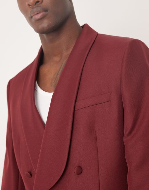 Chaqueta de traje burdeos de corte slim con solapas de esmoquin de satén de ASOS DESIGN, 5 de 5