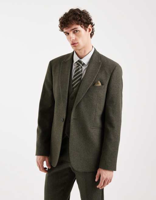 Traje caqui de corte slim con patrón de espiga de mezcla de lana de ASOS DESIGN, 4 de 4