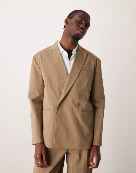Chaqueta de traje caqui holgada de corte suelto con doble botonadura de tejido técnico de ASOS DESIGN - view 1