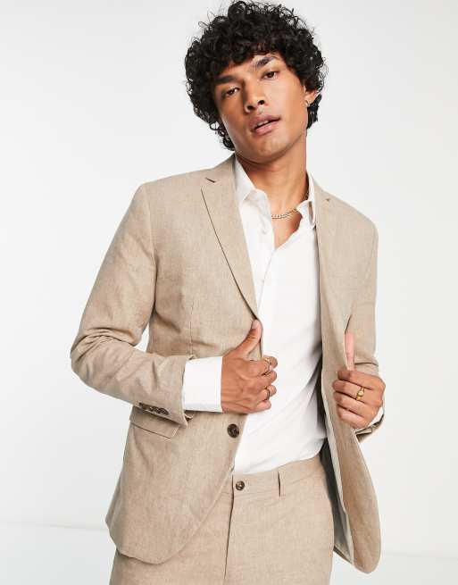 Chaqueta de traje color arena de corte slim de lino de Jack & Jones Premium 