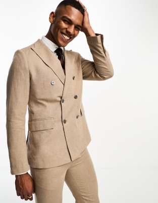 Chaqueta de traje color camel de corte slim de mezcla de lino de Gianni Feraud