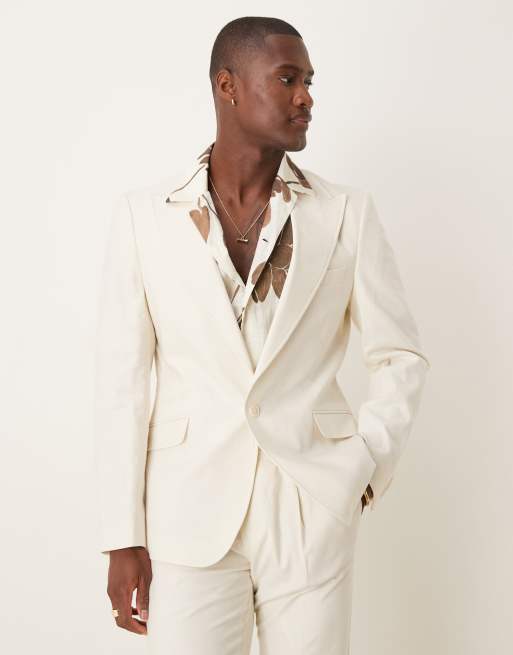 Chaqueta de traje color crema entallada de mezcla de lino de ASOS DESIGN