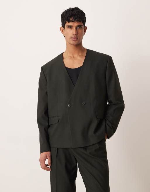 Chaqueta de traje color piedra a rayas de corte cuadrado de ASOS DESIGN