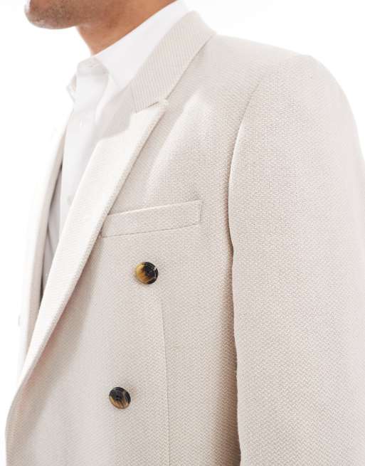 Chaqueta de traje color piedra con doble botonadura de tejido panamá de mezcla de lana de ASOS DESIGN, 4 de 5