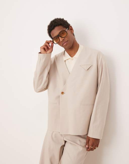 Chaqueta de traje color piedra de corte cuadrado sin solapas de mezcla de lino de ASOS DESIGN