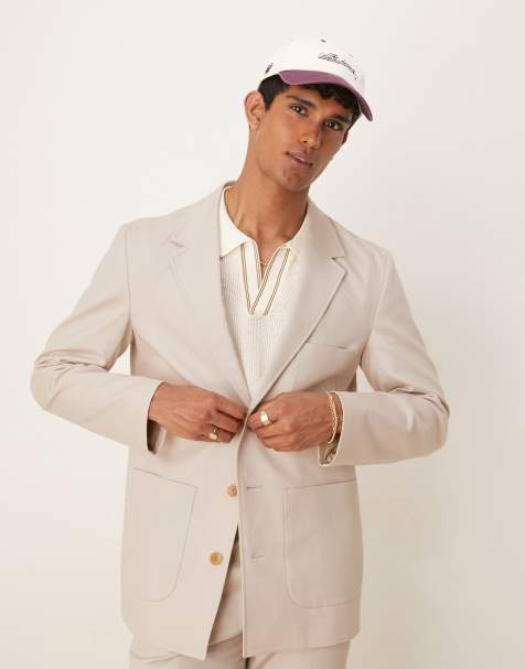 Chaqueta de traje color piedra de corte estándar de sarga de mezcla de algodón y lino de ASOS DESIGN - view 1