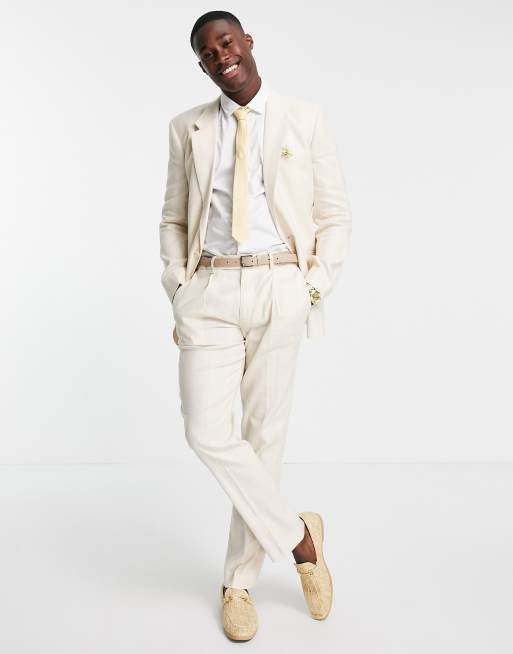 Chaqueta de traje color piedra de corte slim a rayas anchas de mezcla de lino de ASOS DESIGN Wedding