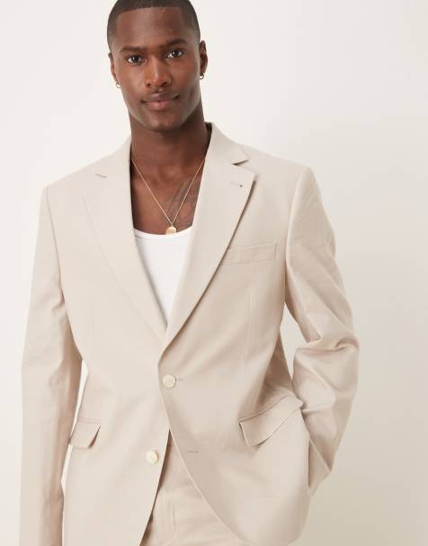 Chaqueta de traje color piedra de corte slim de mezcla de lino de ASOS DESIGN - view 1