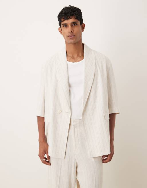 Chaqueta de traje color piedra de corte suelto extragrande con raya diplomática de mezcla de lino de ASOS DESIGN