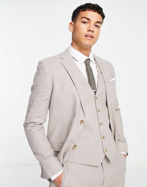 Chaqueta de traje color piedra entallada con botonadura simple y diseño de espiguilla de Topman