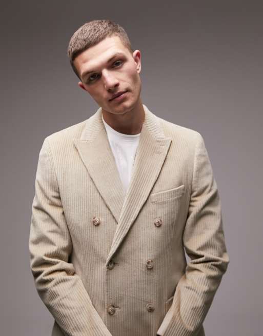 Chaqueta de traje color piedra entallada con doble botonadura de pana de Topman, 3 de 5