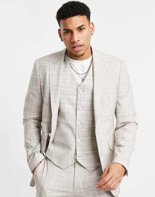 Chaqueta de traje color piedra entallada con patrón crosshatch de ASOS DESIGN wedding