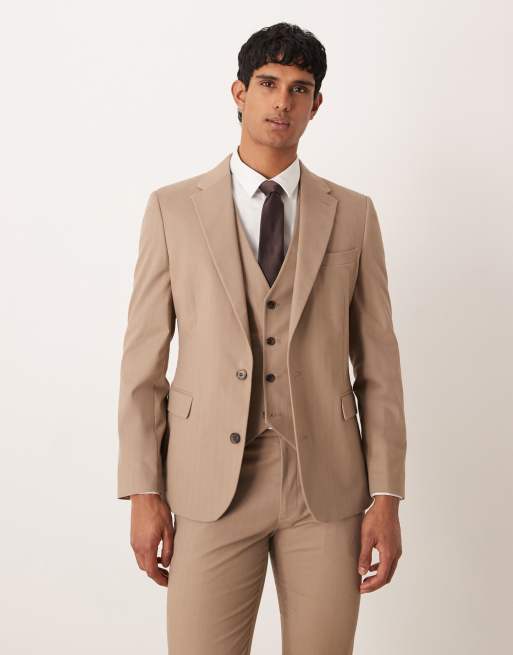 Chaqueta de traje color piedra entallada con patrón de espiga de ASOS DESIGN