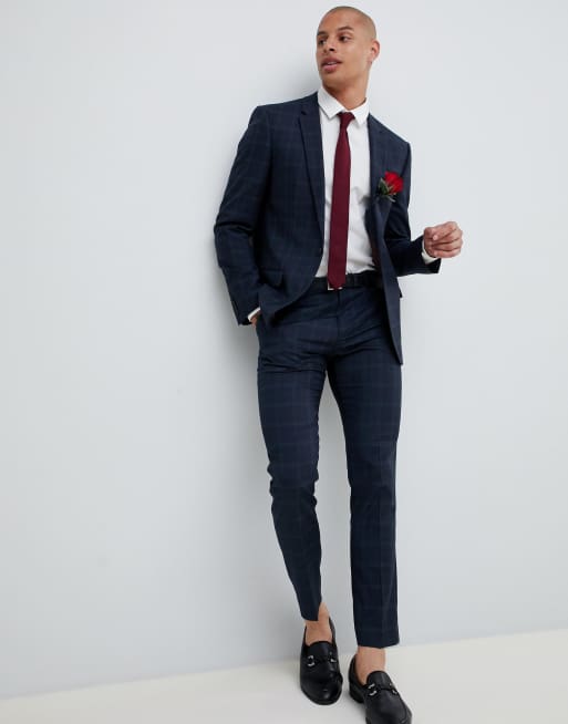 Traje de boda con diseño a cuadros en azul marino de River Island, 2 de 3