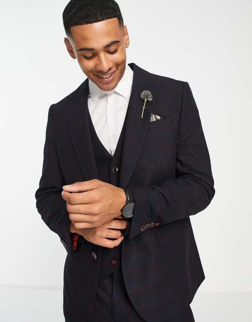 Chaqueta de traje de corte slim a cuadros con solapas anchas de tweed de mezcla de lana de Harry Brown Wedding
