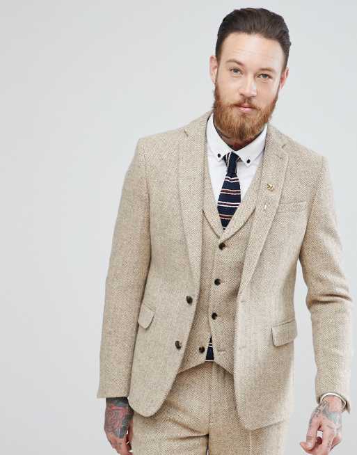 Traje ajustado de 100% lana y tweed Harris con diseño de espiga topo de ASOS, 2 de 4