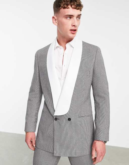 Chaqueta de traje de esmoquin larga a cuadros tipo pata de gallo de corte slim con solapas en contraste de ASOS DESIGN