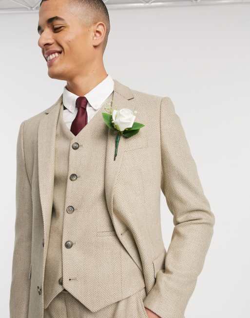 Chaqueta de traje entallada en mezcla de lana con diseño de espiga color camel de ASOS DESIGN Wedding
