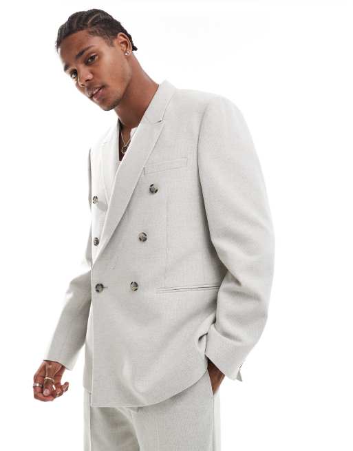 Chaqueta de traje gris de corte estándar con doble botonadura de mezcla de lana texturizada de ASOS DESIGN
