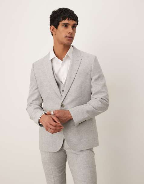 Chaqueta de traje gris de corte slim con patrón de espiga de mezcla de algodón y lino de ASOS DESIGN - view 1