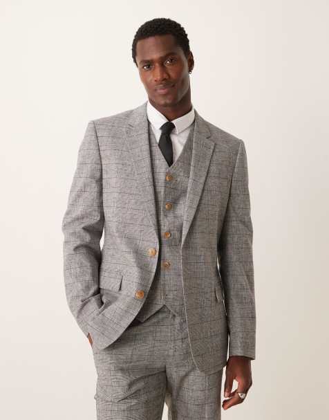 Chaqueta de traje gris entallada con estampado a cuadros príncipe de Gales de mezcla de lino de ASOS DESIGN - view 1