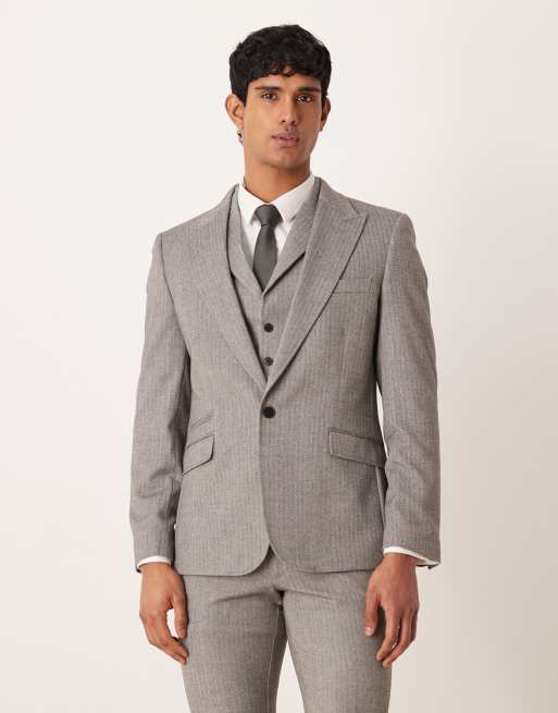 Traje gris entallado con patrón de espiga de franela de ASOS DESIGN, 4 de 4