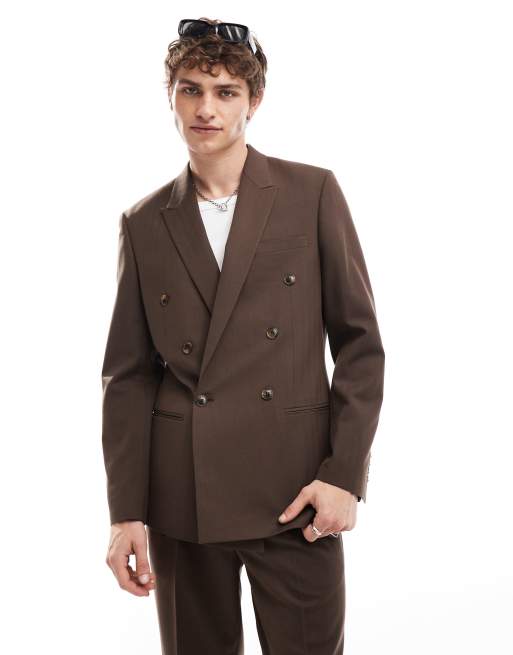 Chaqueta de traje marrón con doble botonadura y patrón de espiga de ASOS DESIGN