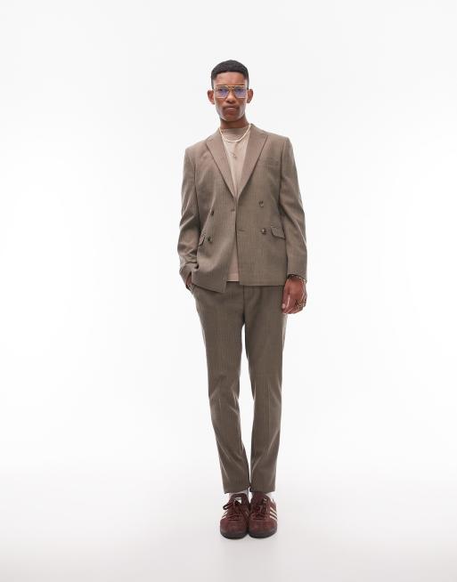Chaqueta de traje marrón de corte entallado con doble botonadura y patrón de espiga de Topman, 4 de 5