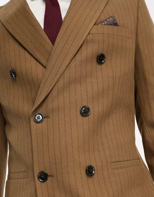 Chaqueta de traje marrón de corte slim con doble botonadura y con raya diplomática de Harry Brown, 3 de 5
