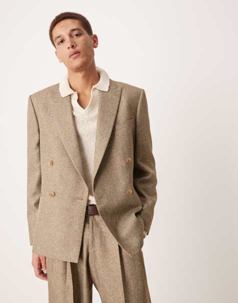 Chaqueta de traje marrón de corte slim con patrón de espiga y doble botonadura de ASOS DESIGN - view 1