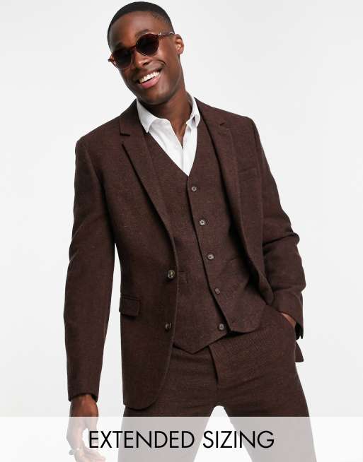 Chaqueta de traje marrón oscuro de corte entallado de tweed de mezcla de lana de ASOS DESIGN