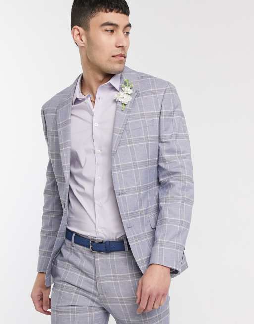 Traje muy ajustado de lino azul con diseño de cuadros estilo cristalera de ASOS DESIGN wedding, 2 de 3