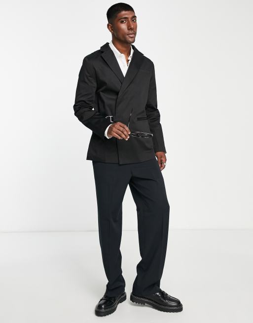 Chaqueta de traje negra con diseño envolvente de corte slim de Bando, 4 de 4