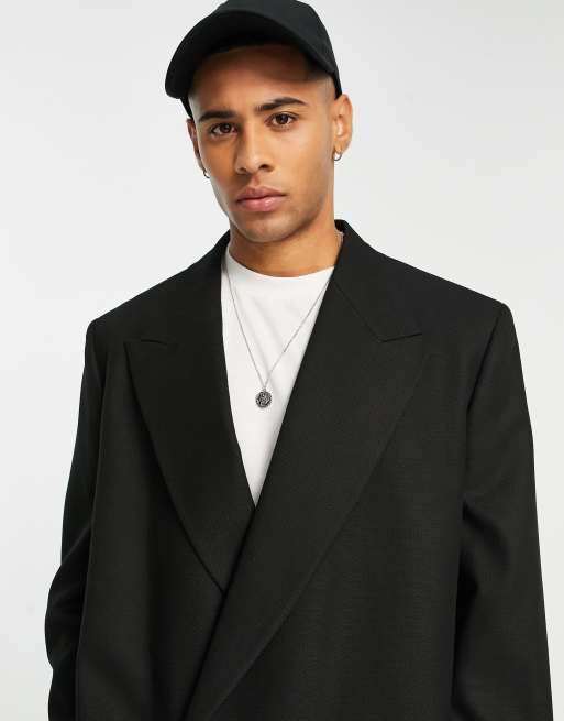 Chaqueta de traje negra de corte cuadrado extragrande con doble botonadura de sarga de Topman, 3 de 4