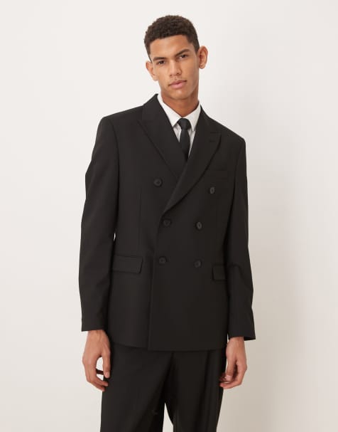 Chaqueta de traje negra de corte estándar con doble botonadura de sarga de ASOS DESIGN - view 1