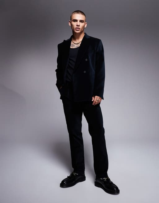 Chaqueta de traje negra de corte slim con doble botonadura de terciopelo de algodón de ASOS DESIGN, 2 de 5