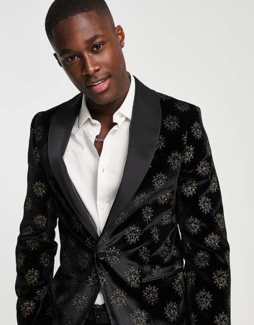 Chaqueta de traje negra entallada con estampado dorado metalizado de estrellas Westgate de Twisted Tailor, 2 de 4