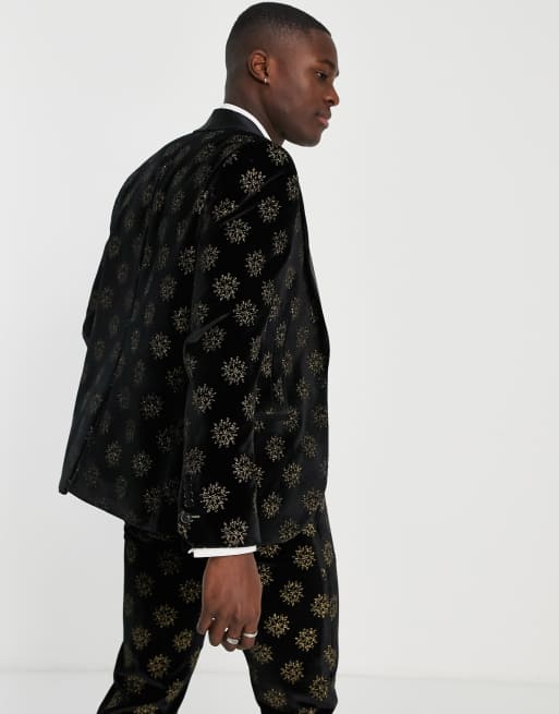 Chaqueta de traje negra entallada con estampado dorado metalizado de estrellas Westgate de Twisted Tailor, 4 de 4