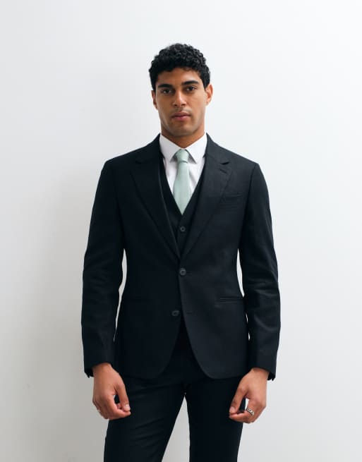 ASOS DESIGN - Traje negro entallado de tejido rico en lino, 3 de 5