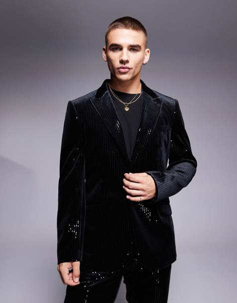 Chaqueta de traje negra entallada de terciopelo con lentejuelas de ASOS DESIGN - view 1