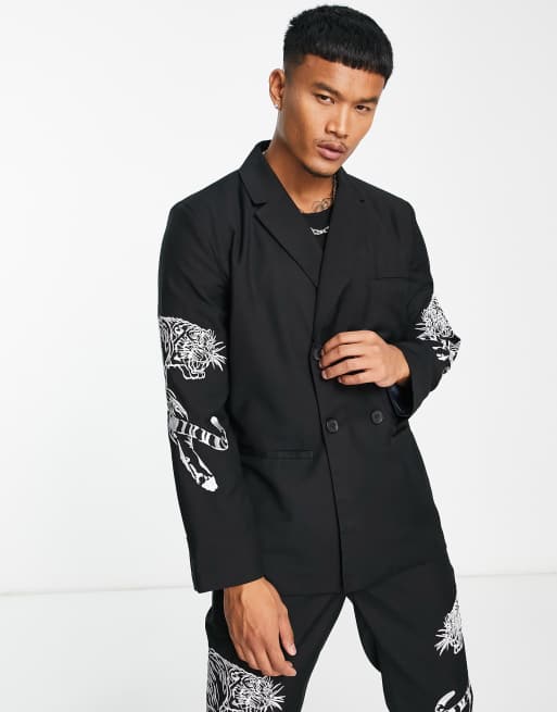 Chaqueta de traje negra extragrande con doble botonadura y estampado de tigre de Liquor N Poker