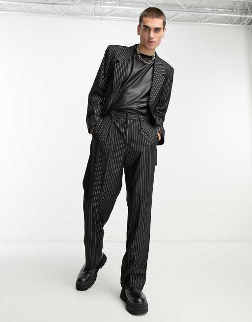 Chaqueta de traje negra larga de corte slim con raya diplom tica