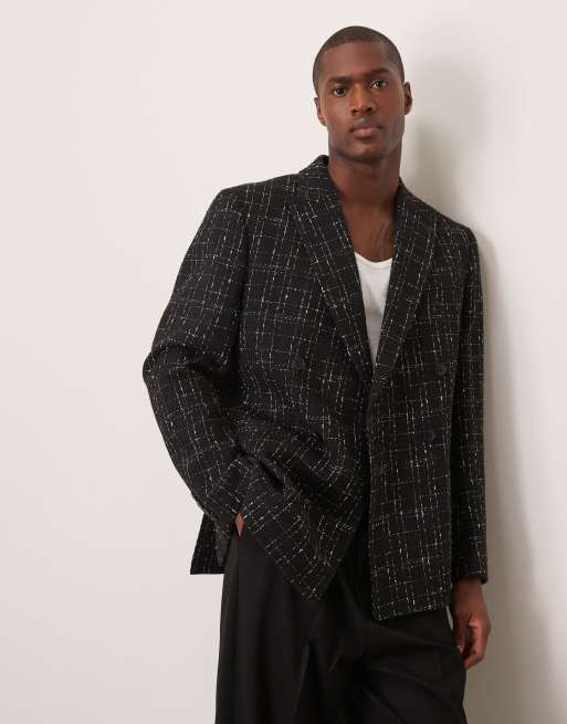 Chaqueta de traje negra y blanca de corte estándar con patrón texturizado de hilos cruzados crosshatch y doble botonadura de ASOS DESIGN