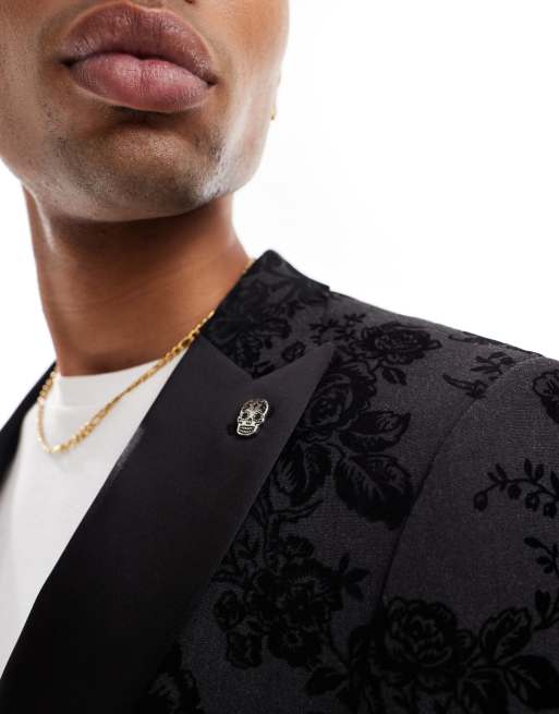 Chaqueta de traje negra y gris carbón con patrón floral Fleet de Twisted Tailor (parte de un conjunto), 3 de 5