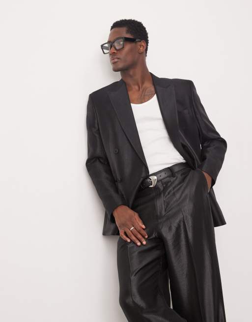 Chaqueta de traje negro metalizado de corte estándar y doble botonadura de satén de ASOS DESIGN