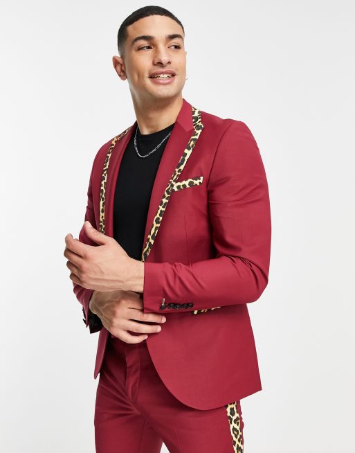 Chaqueta de traje roja con insertos de leopardo en contraste de Twisted Tailor, 4 de 4