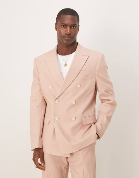Chaqueta de traje rosa empolvado de corte slim con doble botonadura de mezcla de lino de ASOS DESIGN - view 1