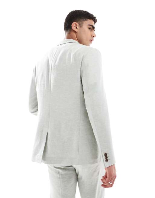 Chaqueta de traje verde claro de corte slim con patrón de espiga de mezcla de lino de ASOS DESIGN, 5 de 5