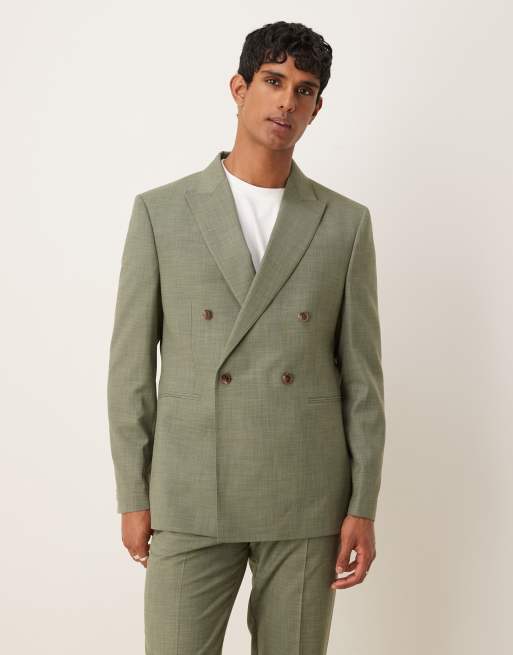 Chaqueta de traje verde melange de corte estándar con doble botonadura y pespuntes de ASOS DESIGN